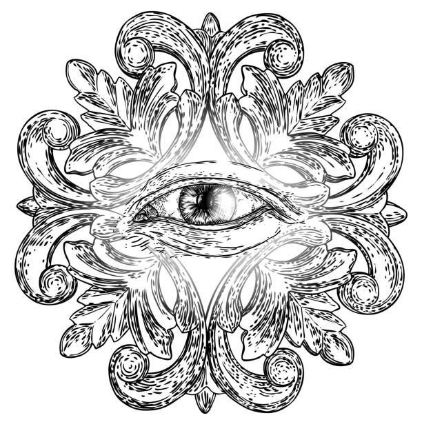 istock Mystic or all seeing eye drawing ink hand style. Conspiracy Illuminati theory.  Eye of Providence on the decorative background. Alchemy, religion, spirituality and occultism tattoo ink art. Vector. 1207008822