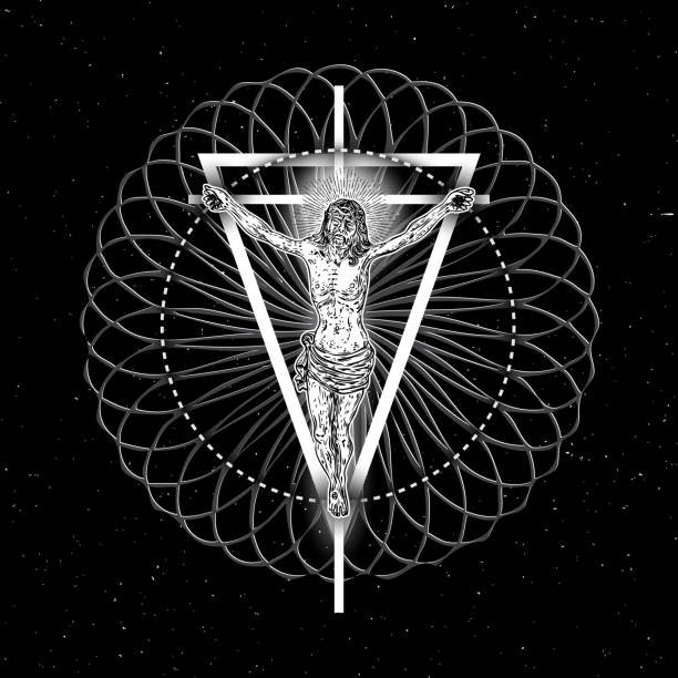 istock Jesus Christ crucifixion in the space on sacred geometric cross, triangle and circles mandalas. Flash body tattoo. Symbol of Christianity prayer and religion. Concept spiritual and sacred holy. Prophet in star space. Vector. 1207009862