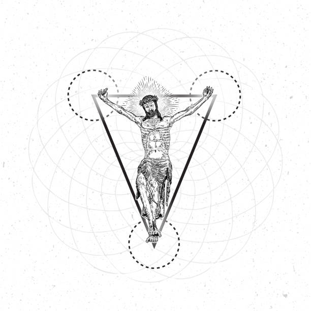 istock Jesus Christ crucifixion in the space on sacred geometric cross, triangle and circles mandalas. Flash body tattoo. Symbol of Christianity prayer and religion. Concept spiritual and sacred holy. Prophet in star space. Vector. 1207009893