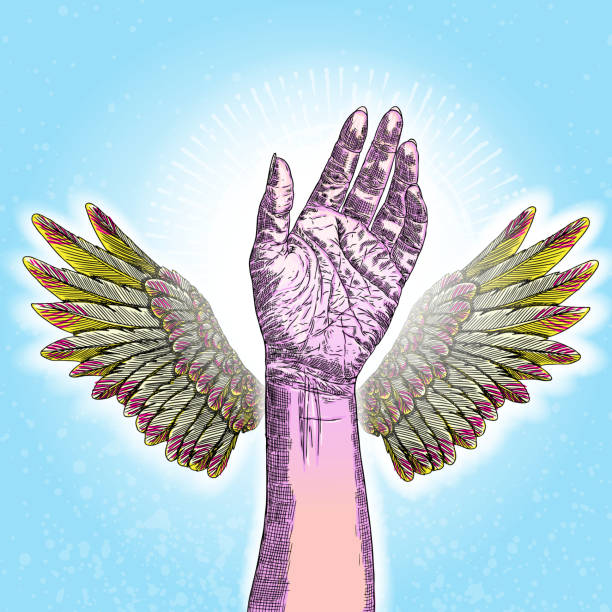 istock Volunteering hand raised with angel wings on blue sky background. Guardian or saver, helper concept.  Vector 1207010181