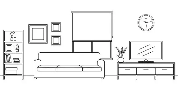 Vector illustration of Living room interior outline sketch. Line style furniture: sofa, bookshelf, TV shelf, flowerpot, pictures on the wall. Vector illustration.