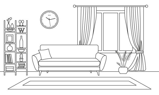 szkic zarysu wnętrza salonu. wystrój wnętrz w stylu linii z oknem i meblami: sofa, półka na książki, doniczka, dywan. ilustracja wektorowa. - apartment domestic room living room wall stock illustrations