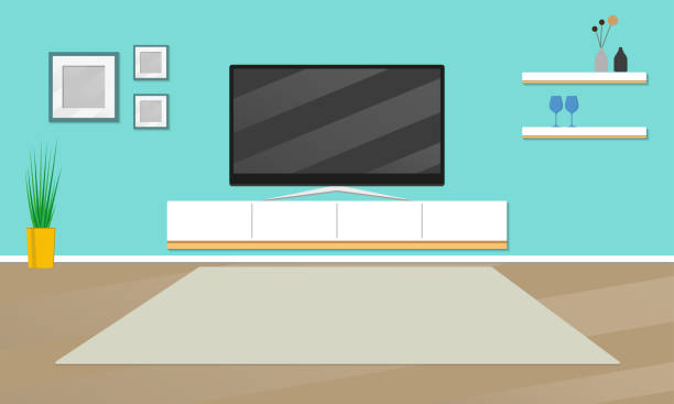 Living room interior with modern furniture: TV, shelves, flowerpot pictures on the wall, carpet. Vector illustration. Living room interior with modern furniture: TV, shelves, flowerpot pictures on the wall, carpet. Vector illustration. wall of tvs stock illustrations