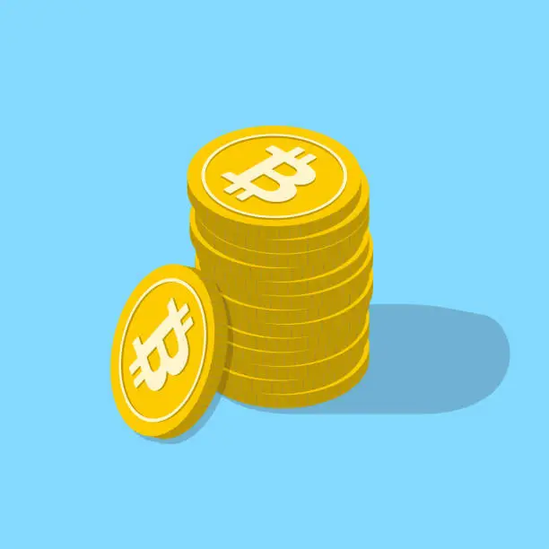 Vector illustration of Bitcoin isometric concept with golden coins stack. Crypto currency bit coin and web money logo. Vector illustration.