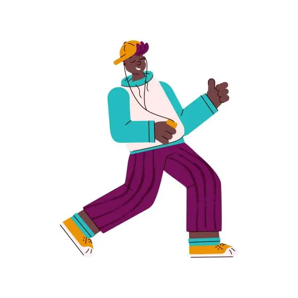 Vector illustration of Young man listening to music on headphones - cartoon teenager dancing