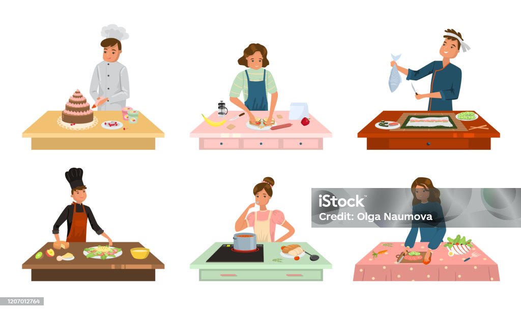Orang Dan Juru Masak Berseragam Membuat Ilustrasi Vektor Makanan