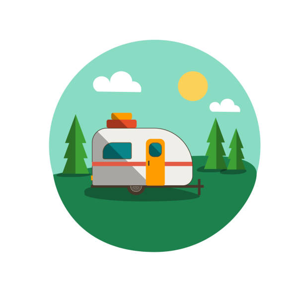 ilustrações de stock, clip art, desenhos animados e ícones de camper trailer sunny woods camping - mobile home camping isolated vehicle trailer