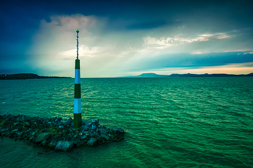 Lake Balaton with harbor light tower