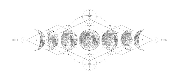 Magic moon with sacred geometry tattoo design. Monochrome hand drawn vector illustration, isolated on white background.