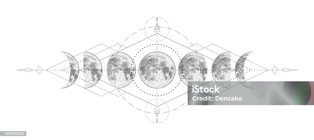 神奇的月亮與神聖的幾何紋身設計。單色手繪向量插圖，在白色背景上隔離 - 免版稅月亮圖庫向量圖形