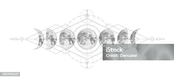 神奇的月亮與神聖的幾何紋身設計單色手繪向量插圖在白色背景上隔離向量圖形及更多月亮圖片 - 月亮, 占星學, 精神上的