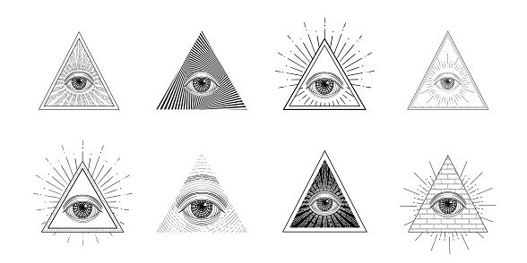All seeing eye vector set, freemason symbol in triangle with light ray, tattoo design isolated on white background