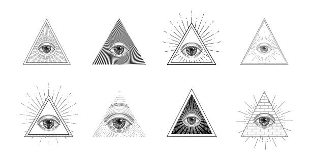 All seeing eye, freemason symbol in triangle with light ray, tattoo design All seeing eye vector set, freemason symbol in triangle with light ray, tattoo design isolated on white background paranormal illustrations stock illustrations