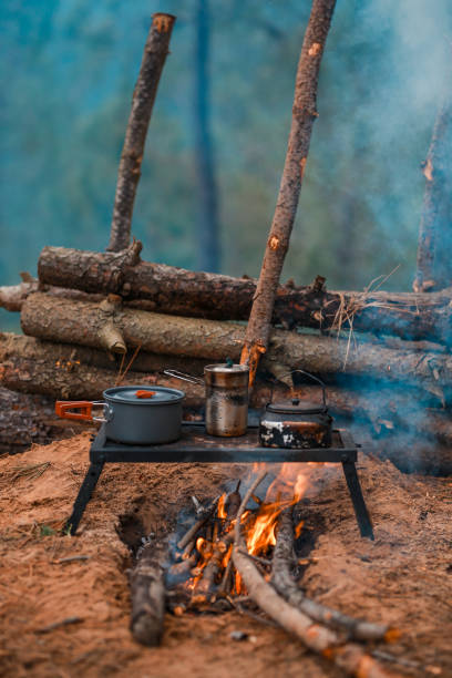 istock Primitive Bushcraft survival debris hut with campfire ring outside. Blanket, shelter, fire in the forest. 1207017659