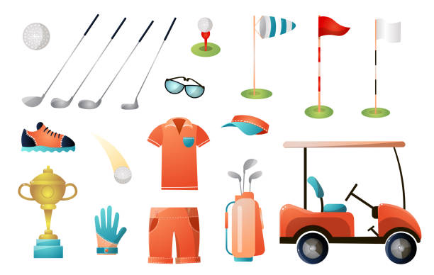 ilustrações de stock, clip art, desenhos animados e ícones de set of modern golf equipment for gold championship - sports equipment illustrations