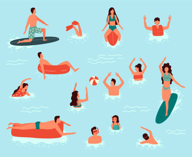 海の水泳。海や海の人々が様々な活動を行っています。男性と女性が泳いだり、ダイビングをしたり、サーフィンをしたり、浮遊エアマットレスの上に横たわり、日光浴をしたり、ボールで� - bikini sunbathing beach women点のイラスト素材／クリップアート素材／マンガ素材／アイコン素材