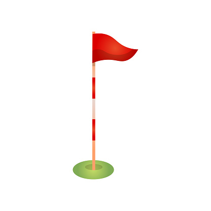 Red golf flag pole with marks and wind direction, gold cup equipment. Cartoon style. Vector illustration on white background