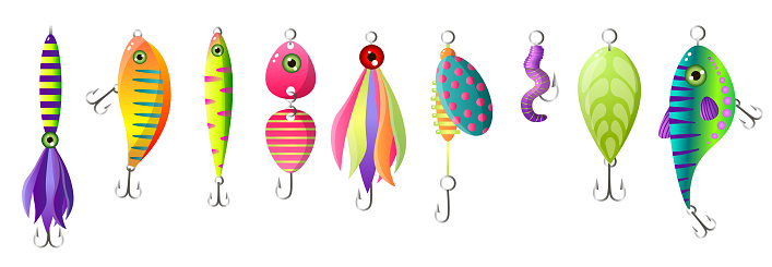 Set of modern colorful fishing bait, different form and hook. Cartoon style. Vector illustration on white background