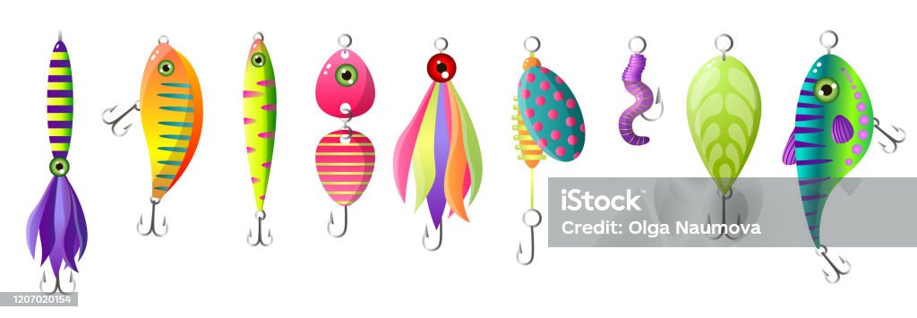 Set of modern colorful fishing bait, different form Set of modern colorful fishing bait, different form and hook. Cartoon style. Vector illustration on white background Fishing Hook stock vector