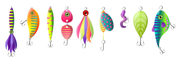 Set of modern colorful fishing bait, different form Set of modern colorful fishing bait, different form and hook. Cartoon style. Vector illustration on white background hook equipment stock illustrations