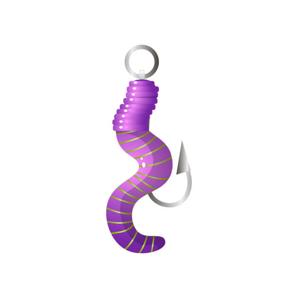 Purple rubber worm fishing bait on steel hook Purple striped rubber worm, fishing bait on steel hook . Cartoon style. Vector illustration on white background fishing worm stock illustrations