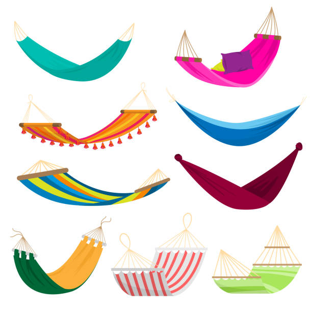 ilustrações de stock, clip art, desenhos animados e ícones de set of colorful textile hammock for beach, home use - hammock