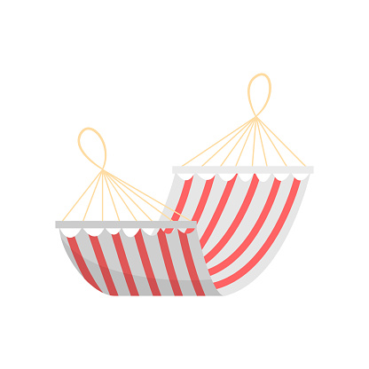 Red white striped textile summer home hammock or for beach use. Cartoon style. Vector illustration on white background