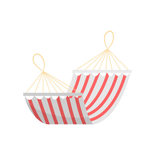 Red white striped textile summer home hammock Red white striped textile summer home hammock or for beach use. Cartoon style. Vector illustration on white background hammock stock illustrations