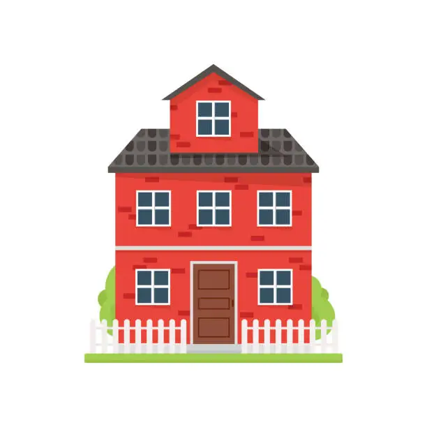 Vector illustration of Cute red brick house with white fence and green yard