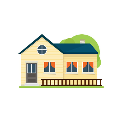 Cute yellow american house with wood brown fence near green grass. Flat style. Vector illustration on white background