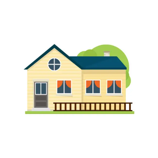 Vector illustration of Cute yellow american house with wood fence near grass