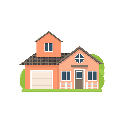 Cute small light red village house with wide garage and second floor. Flat style. Vector illustration on white background