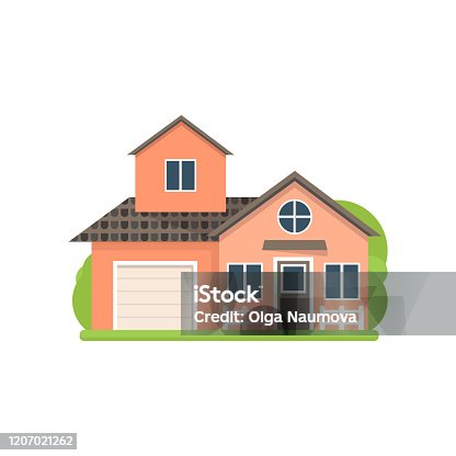istock Cute small light red village house with garage 1207021262