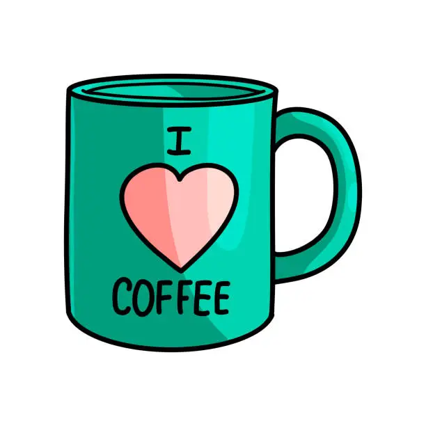 Vector illustration of Green hot coffee mug with red heart print