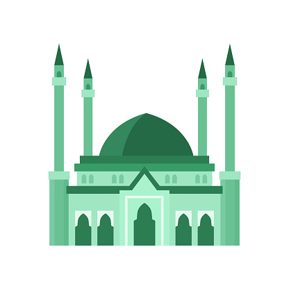 Mosque building green color vector illustration isolated on white. Concept or islam and muslim, mosque building with dome, religious architecture.