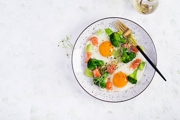 istock Ketogenic/paleo diet. Fried eggs, salmon, broccoli and microgreen.  Keto breakfast. Brunch.  Top view, overhead 1207023374
