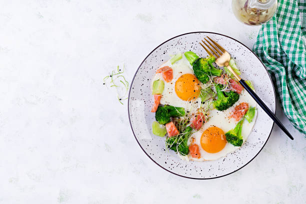 istock Ketogenic/paleo diet. Fried eggs, salmon, broccoli and microgreen.  Keto breakfast. Brunch.  Top view, overhead 1207023383
