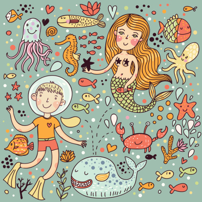 Cartoon illustration with funny underwater creatures