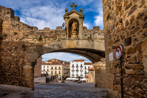 Arco de la Estrella, Arch of the Star at the Main square of Caceres, Spain stock photo