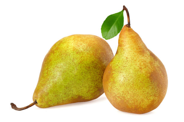 istock ripe green pears with leaf isolated on white backgroun 1207029030