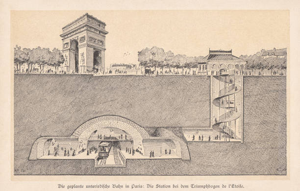 ilustrações de stock, clip art, desenhos animados e ícones de metro station place de l'étoile in paris, woodcut, published 1895 - paris france arc de triomphe france french culture