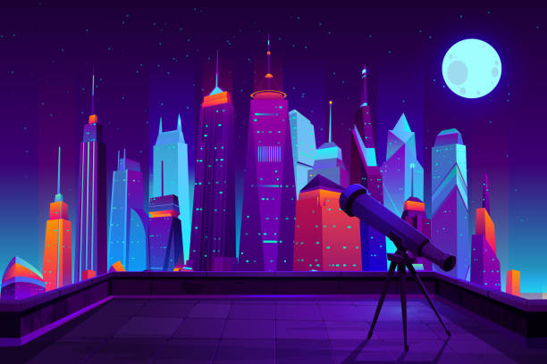 Astronomical observations hobby cartoon vector Astronomical observations in modern city cartoon vector in neon colors. Telescope on tripod, standing on house roof, directed in starry sky with fool moon under metropolis skyscrapers illustration fool moon stock illustrations