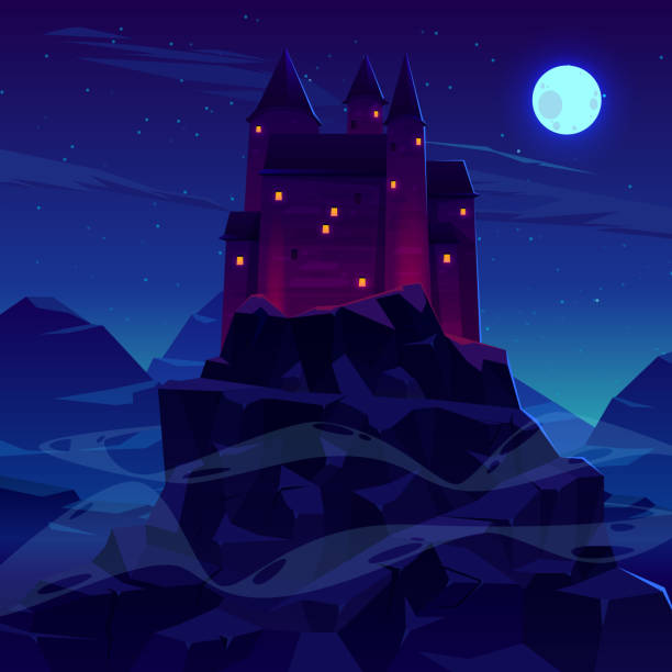 ilustrações, clipart, desenhos animados e ícones de castelo antigo ou fortaleza em vetores das montanhas - mist castle fog night