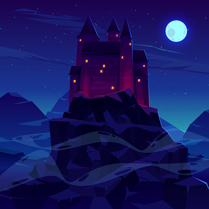 Mysterious medieval castle with stone towers spires illuminated torches fire and glowing in night windows cartoon vector. Ancient fortress, Dracula vampire shelter in rocky mountains lit by moonlight
