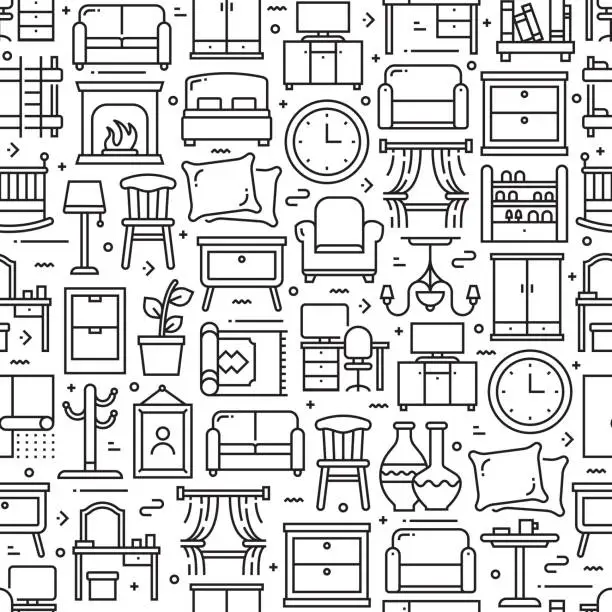 Vector illustration of Furniture Related Seamless Pattern and Background with Line Icons. Editable Stroke