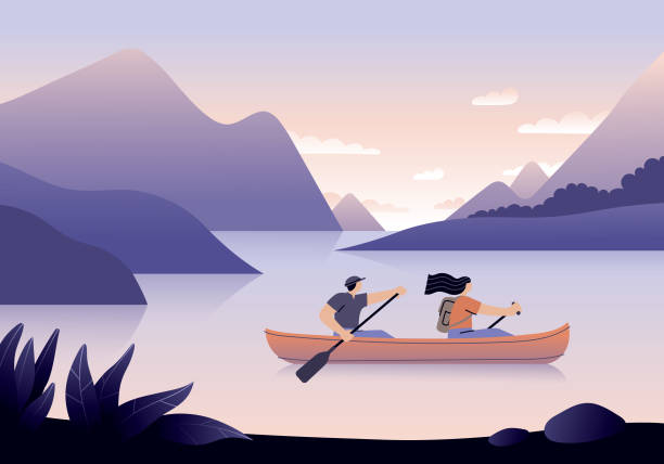 Canoeing Couple canoeing on a lake surrounded with beautiful landscape.
Fully editable vectors on layers. This image includes transparencies. water sport illustrations stock illustrations
