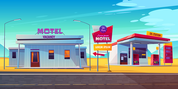Roadside motel with parking, oil station and index signboard standing at wayside in day time. Noctidial comfortable hotel accommodation for traveling people. Car tourism. Cartoon vector illustration.