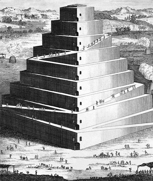 The Tower of Babel The Tower of Babel on engraving from 1733. Engraved by Isaac Basire. tower of babel stock illustrations