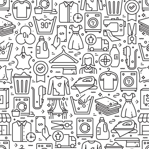 Laundry And Dry Cleaning Seamless Pattern And Background With Line Icons  Editable Stroke Stock Illustration - Download Image Now - iStock