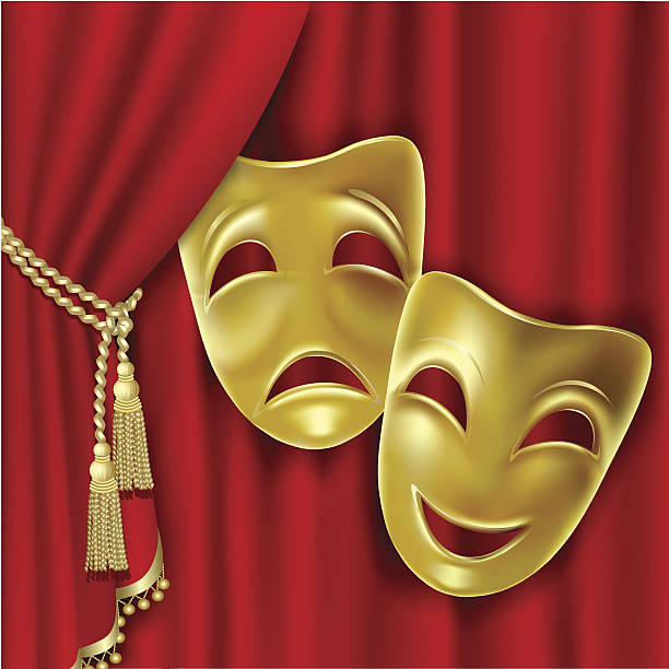 Theatre masks illustration on red curtains vector art illustration